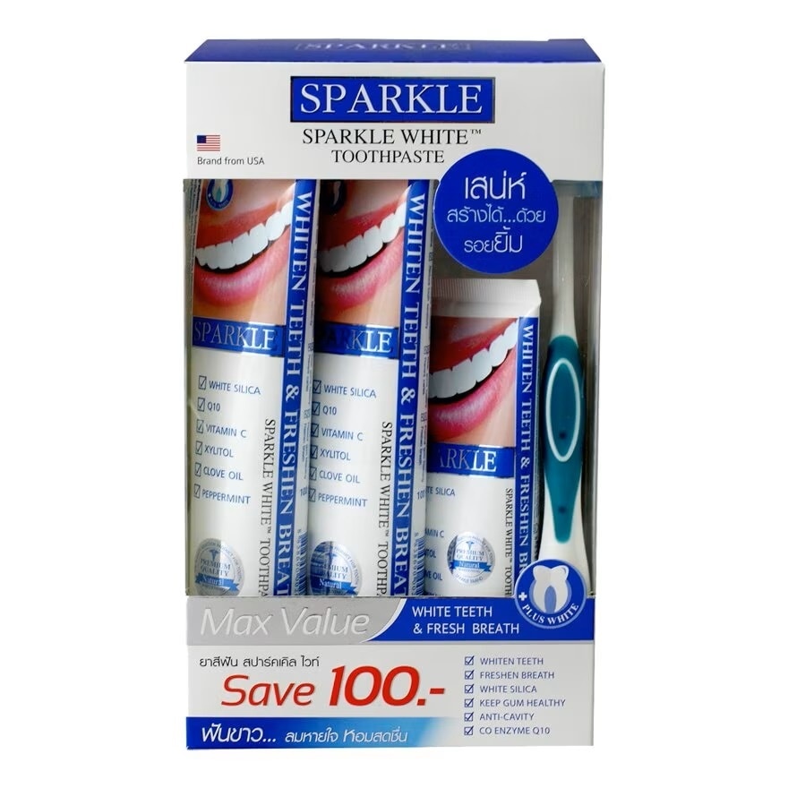 Sparkle Sparkle White Toothpaste Max Value Set (Toothpaste 100 G.2+ 60 G. +Toothbrush)