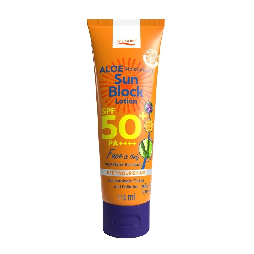 PO Care พีโอ แคร์อโล มอยส์เจอร์ไรซิ่ง ซัน บล็อค โลชั่น SPF50+ PA++++ เฟส แอนด์ บอดี้ 115 มล.