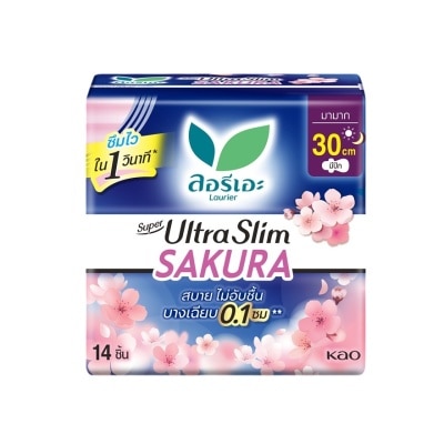 Laurier - ลอริเอะ ผ้าอนามัย ซูเปอร์ อัลตร้า สลิม ซากุระ กลางคืน 30 ซม. มีปีก 14 ชิ้น