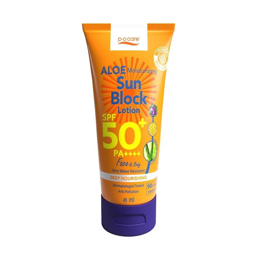 PO Care พีโอ แคร์อโล มอยส์เจอร์ไรซิ่ง ซัน บล็อค โลชั่น SPF50+ PA++++ เฟส แอนด์ บอดี้ 45 มล.