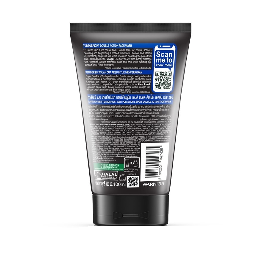 Garnier Men Turbobright Anti-Pollution  Spots Double Action Face Wash 100 Ml.