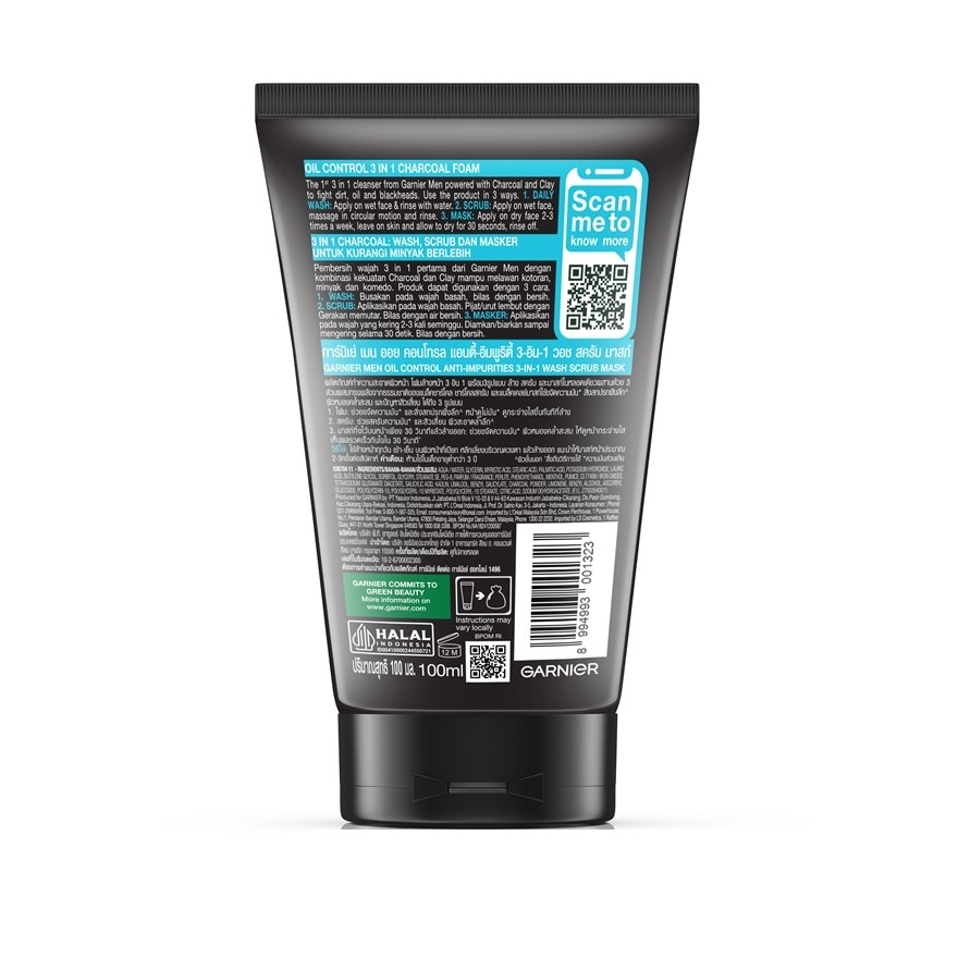 Garnier Men Scrub Mask Oil Control Anti-Impurities 3-In-1 Wash 100 Ml.