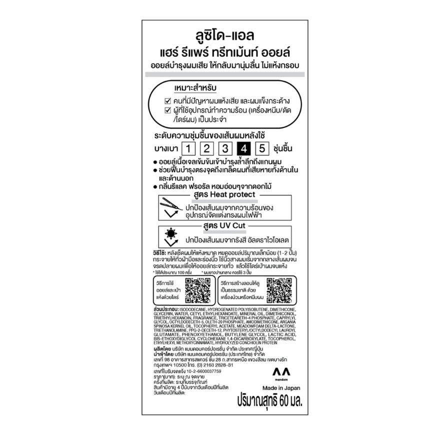 ลูซิโด-แอล แฮร์ ทรีทเม้นท์ อาร์แกน ริช ออยล์ รีแพร์ 60 มล.