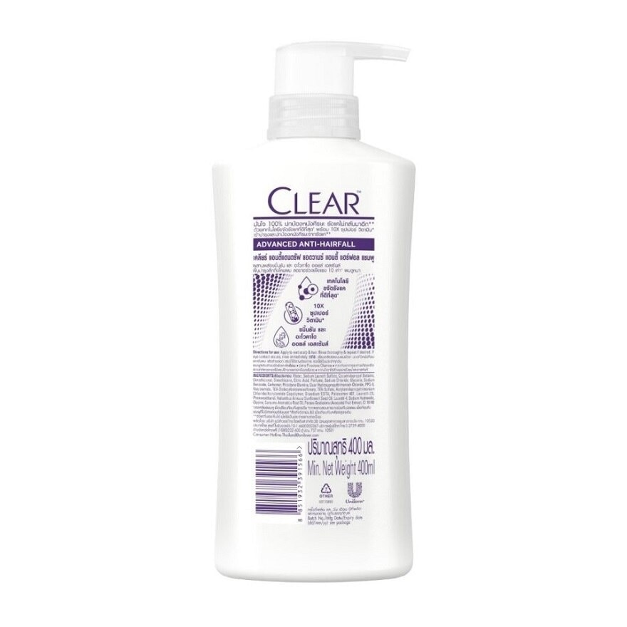 Clear Shampoo Anti-Dandruff Advanced Anti Hair Fall 400 Ml. แชมพูขจัดรังแค ลดผมขาดร่ว