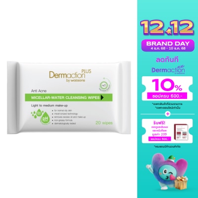 Dermaction Plus by Watsons Anti-Acne Micellar Water Cleansing Wipes 20 sheets.