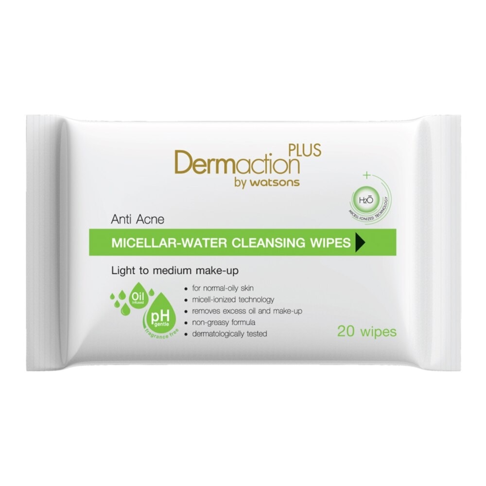 Dermaction Plus by Watsons Anti-Acne Micellar Water Cleansing Wipes 20 sheets.