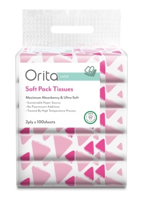 Orita โอริต้า กระดาษเช็ดหน้า แบบซอฟแพ็ค 2 ชั้น 100แผ่น บรรจุ 5แพ็ค