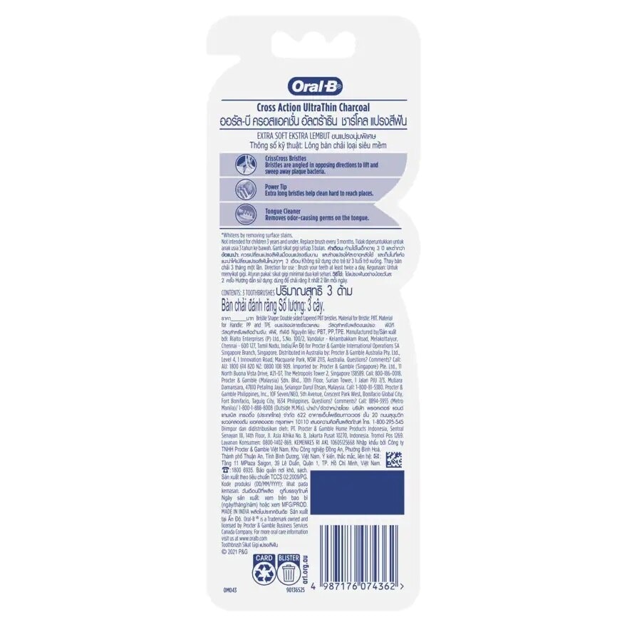 Oral-B Toothbrush Cross Action Ultra Thin Charcoal Pack 3's