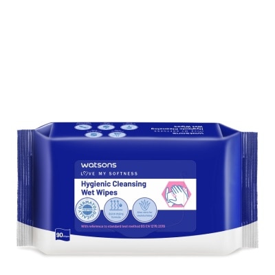 WATSONS แผ่นเช็ดทำความสะอาด วัตสัน ไฮจีนิค คลีนซิ่ง เว็ท ไวพ์ 90แผ่น.