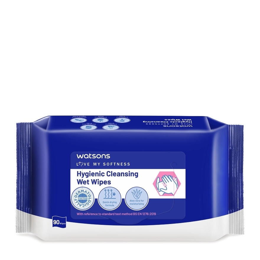 แผ่นเช็ดทำความสะอาด วัตสัน ไฮจีนิค คลีนซิ่ง เว็ท ไวพ์ 90แผ่น.