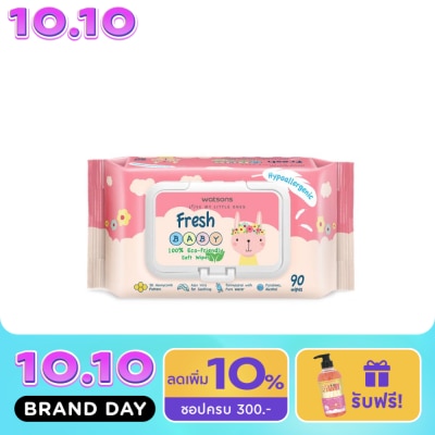 WATSONS วัตสัน เฟรช เบบี้ 100 อีโค่ เฟรนด์ลี่ ซอฟท์ ไวพ์ 90แผ่น. image