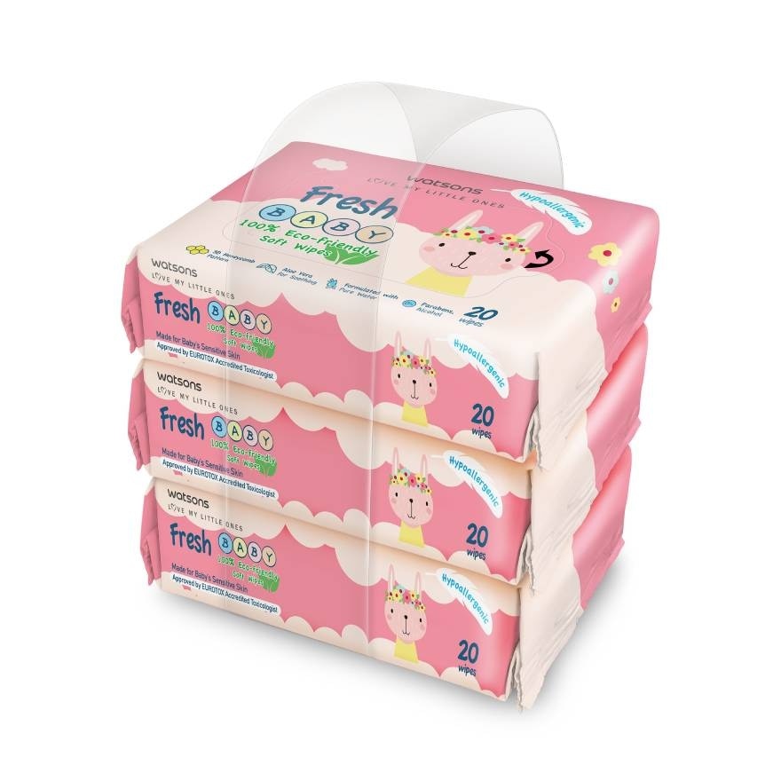 Watsons Fresh Baby 100 Eco-Friendly Soft Wipes 20s x 3packs.