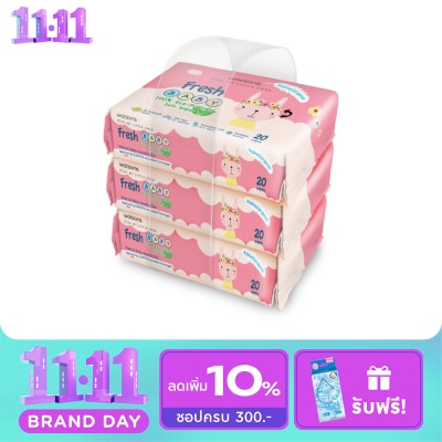WATSONS วัตสัน เฟรช เบบี้ 100 อีโค่ เฟรนด์ลี่ ซอฟท์ ไวพ์ 20แผ่น x 3แพ็ค. image