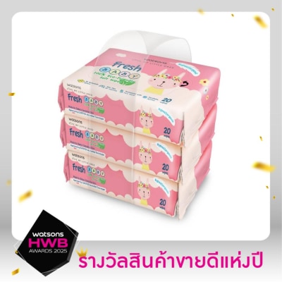 WATSONS วัตสัน เฟรช เบบี้ 100 อีโค่-เฟรนด์ลี่ ซอฟท์ ไวพ์ 20แผ่น x 3แพ็ค.