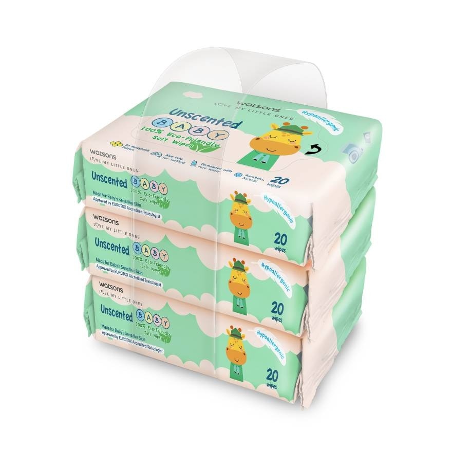 Watsons Unscented Baby 100 Eco-Friendly Soft Wipes 20s x 3 packs.