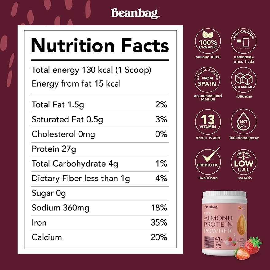 Beanbag Mix Almond Protein Powder Real Strawberry Flavor 800 g.