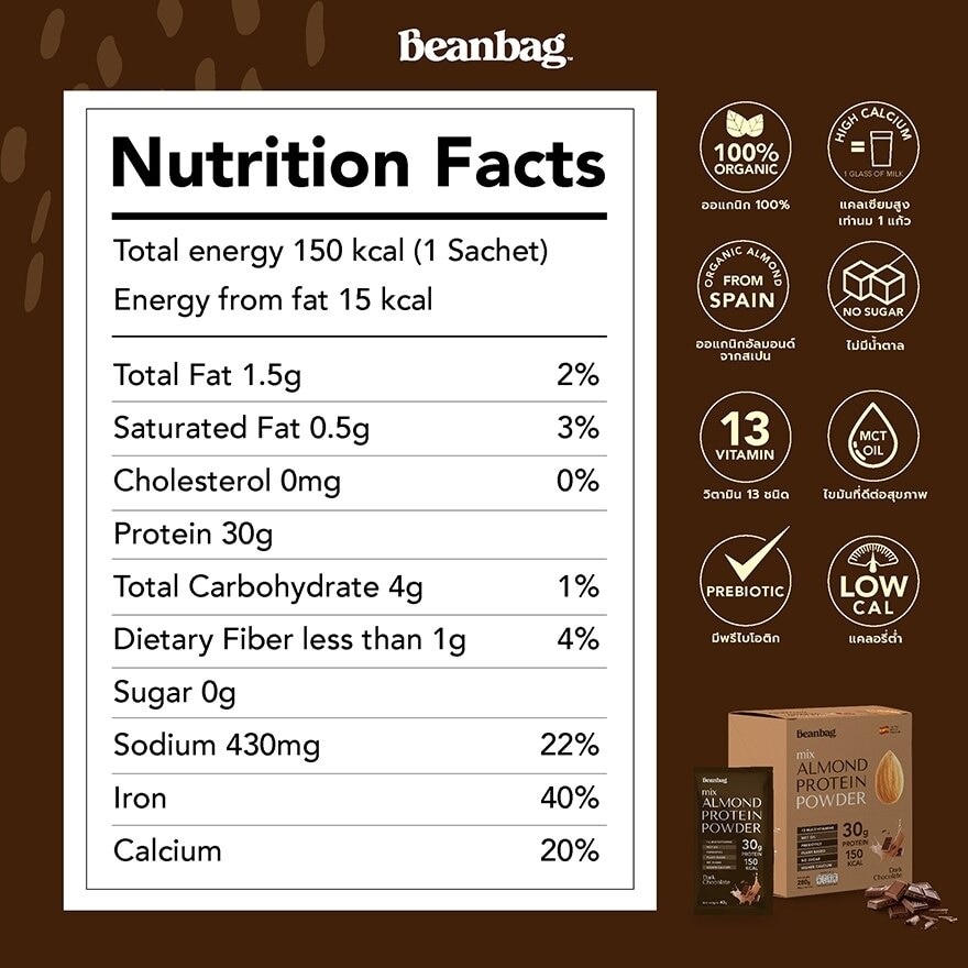 Beanbag Mix Almond Protein Powder Dark Chocolate Flavor 280 g. (40g. x 7 Sachets)