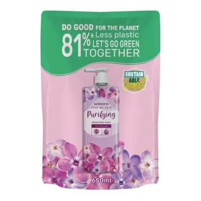 WATSONS วัตสัน เลิฟ มาย สกิน เพียวริฟายอิ้ง ครีม บอดี้ วอช 650มล.(รีฟิล)