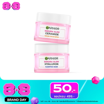 Garnier - การ์นิเย่ ซากุระ โกลว์ เซราไมด์ เซรั่ม ครีมSPF30PA+++50มล+ไฮยาลูรอน สลีปปิ้งมาส์ก50มล image