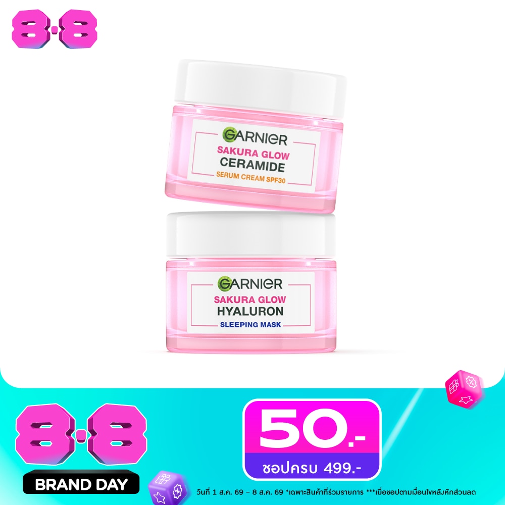 การ์นิเย่ ซากุระ โกลว์ เซราไมด์ เซรั่ม ครีมSPF30PA+++50มล+ไฮยาลูรอน สลีปปิ้งมาส์ก50มล image