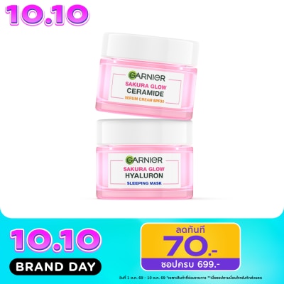 Garnier การ์นิเย่ ซากุระ โกลว์ เซราไมด์ เซรั่ม ครีมSPF30PA+++50มล+ไฮยาลูรอน สลีปปิ้งมาส์ก50มล image
