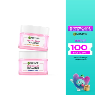 Garnier การ์นิเย่ ซากุระ โกลว์ เซราไมด์ เซรั่ม ครีมSPF30PA+++50มล+ไฮยาลูรอน สลีปปิ้งมาส์ก50มล