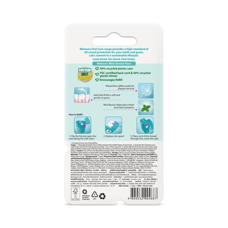 Watsons Mint Dental Floss 50m + Refill 50m.