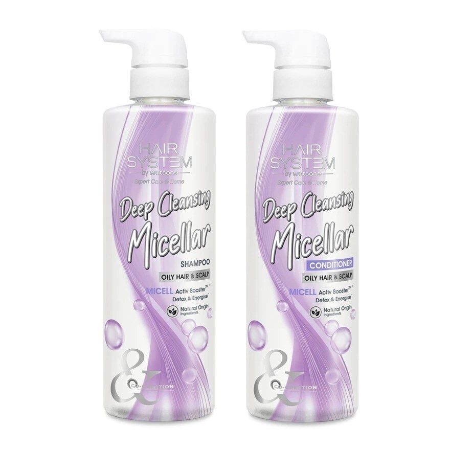 Hair System by Watsons Micellar Botanical Deep Cleansing Shampoo+Conditioner 500ml.