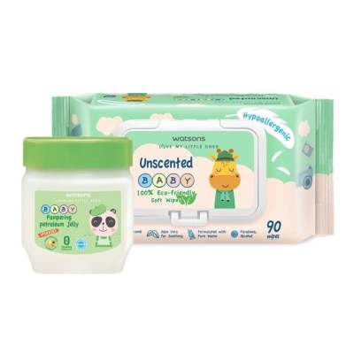 Watsons Watsons Pampering Baby Petroleum Jelly 100g+Unscented Baby Wipes 90sheets.