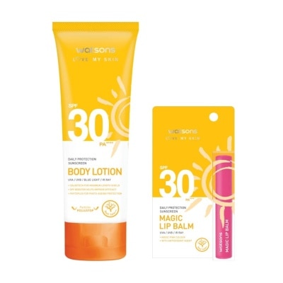 WATSONS วัตสัน เลิฟ มาย สกิน เดลี่ โพรเทคชั่น ซันสกรีน บอดี้ โลชั่น SPF30 100มล+ลิป บาล์ม SPF