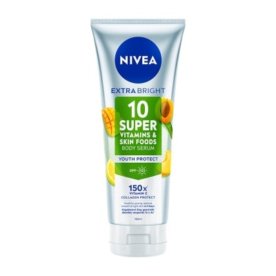 Nivea นีเวีย เอ็กซ์ตร้า ไบรท์ 10 ซูเปอร์ วิตามิน สกิน ฟู้ด บอดี้ เซรั่ม ยูธ โพรเทค 180 มล.