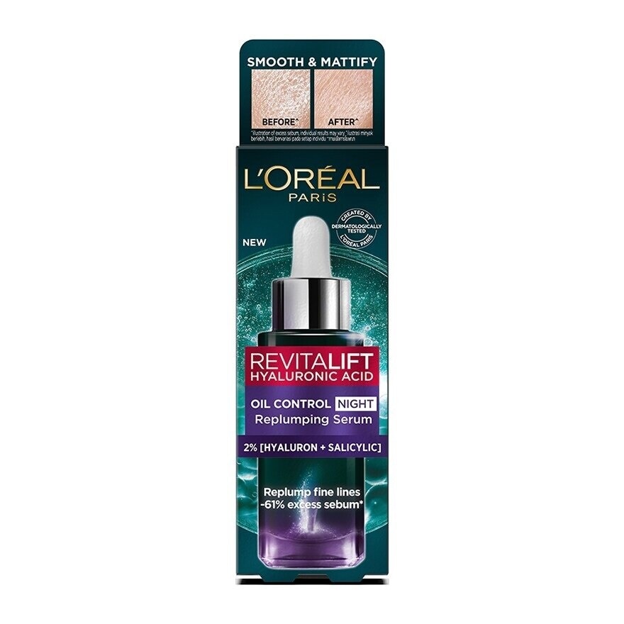 L'Oreal Paris Revitalift Hyaluronic Acid Oil Control Night Replumping Serum 30 Ml.