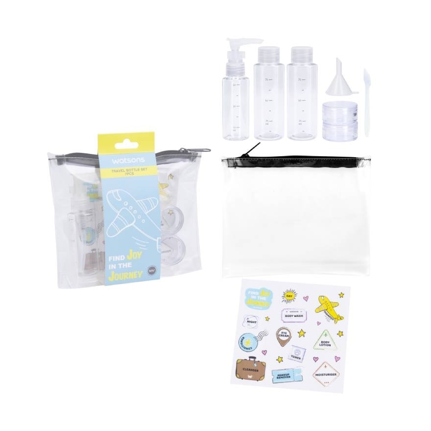 Watsons Travel Set contain 7 pcs. 1 set contains Lotion bottle 75ml x 2pcs, Pump bott