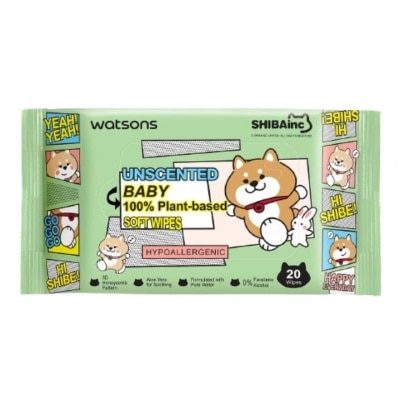 WATSONS วัตสัน x Shibainc อันเซ้นต์เท็ด เบบี้ 100 อีโค่-เฟรนด์ลี่ ซอฟท์ ไวพ์ 20 แผ่น.