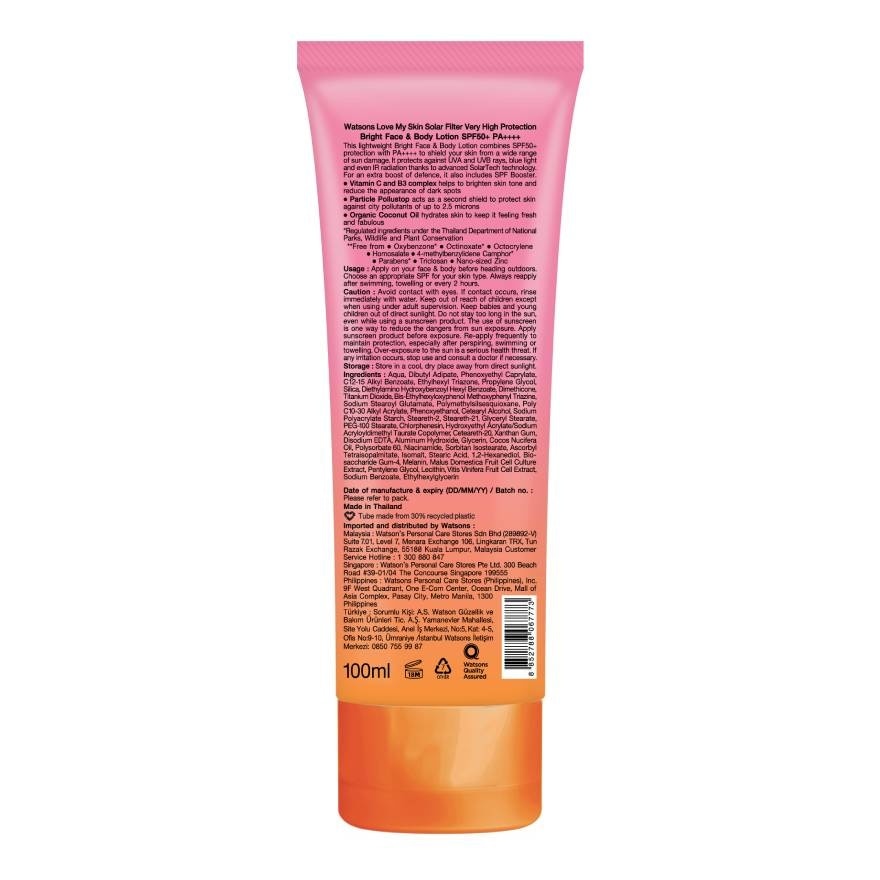 Watsons Love My Skin Solar Filter Very High Protection Bright Face  Body Lotion SPF50