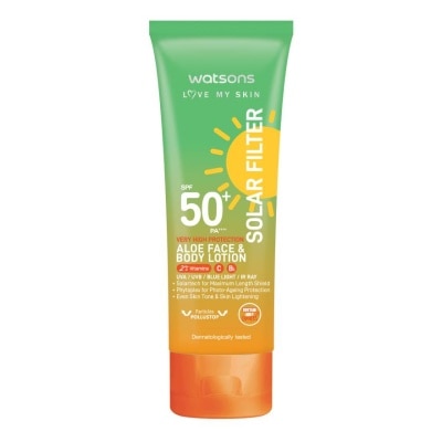 WATSONS วัตสันเลิฟมายสกิน โซล่าร์ฟิลเตอร์ เวรี่ไฮโพรเทคชั่น อโล เฟสบอดี้ โลชั่น SPF50+ 100ml