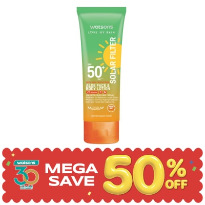 WATSONS - วัตสันเลิฟมายสกิน โซล่าร์ฟิลเตอร์ เวรี่ไฮโพรเทคชั่น อโล เฟสบอดี้ โลชั่น SPF50+ 100ml image