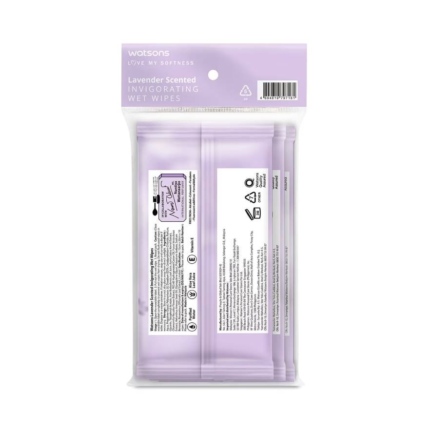 Watsons Lavender Scented Invigorating Wet Wipes 10 sheets x 3 packs.