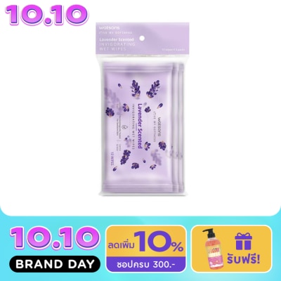 WATSONS วัตสัน ลาเวนเดอร์ เซ็นเท็ด อินวิกอเรทติ้ง เว็ท ไวพ์ 10 แผ่น x 3 แพ็ค. image