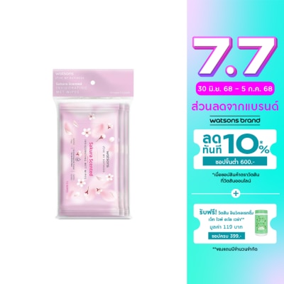WATSONS วัตสัน ซากุระ เซ็นเท็ด อินวิกอเรทติ้ง เว็ท ไวพ์ 10 แผ่น x 3 แพ็ค.