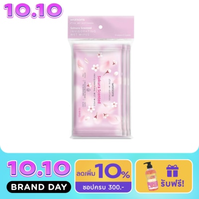 WATSONS วัตสัน ซากุระ เซ็นเท็ด อินวิกอเรทติ้ง เว็ท ไวพ์ 10 แผ่น x 3 แพ็ค. image