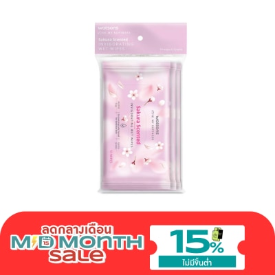 WATSONS วัตสัน ซากุระ เซ็นเท็ด อินวิกอเรทติ้ง เว็ท ไวพ์ 10 แผ่น x 3 แพ็ค. image