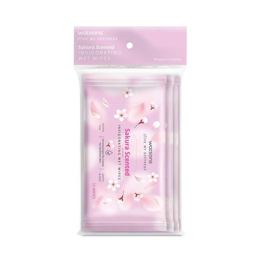 Watsons Sakura Scented Invigorating Wet Wipes 10 sheets x 3 packs.