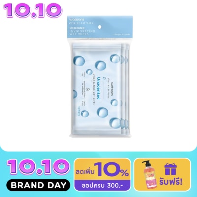 WATSONS วัตสัน อันเซ็นเท็ด อินวิกอเรทติ้ง เว็ท ไวพ์ 10 แผ่น x 3 แพ็ค. image