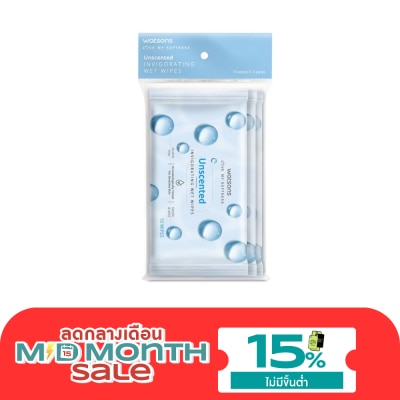 WATSONS วัตสัน อันเซ็นเท็ด อินวิกอเรทติ้ง เว็ท ไวพ์ 10 แผ่น x 3 แพ็ค. image