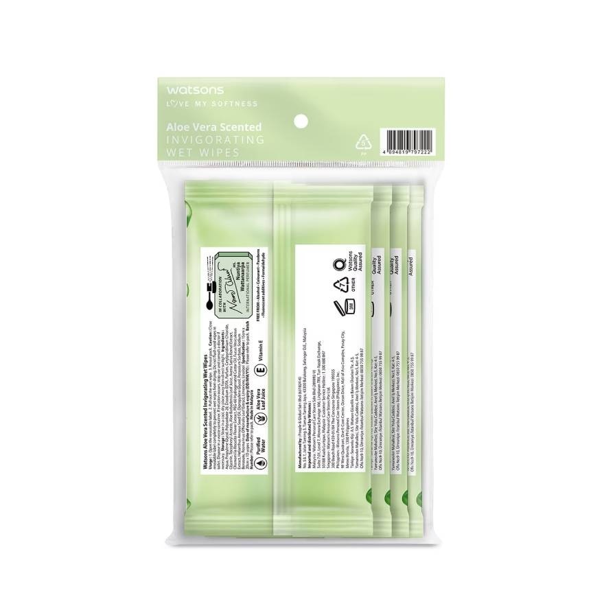 Watsons Aloe Vera Scented Invigorating Wet Wipes 20 sheets.