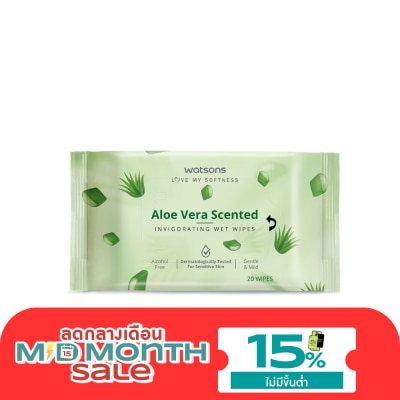 WATSONS วัตสัน อะโล เวร่า เซ็นเท็ด อินวิกอเรทติ้ง เว็ท ไวพ์ 20 แผ่น. image