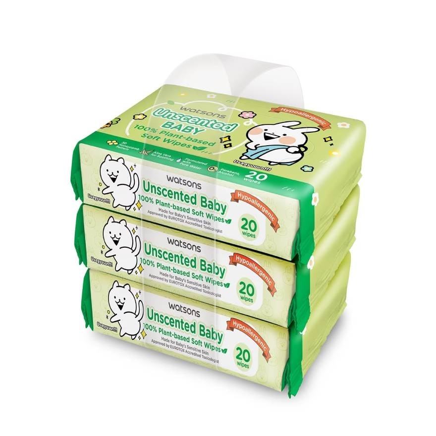 Watsons x Usagyuuun Unscented Baby 100 Plant-based Soft Wipes 20 sheets x 3 Packs.