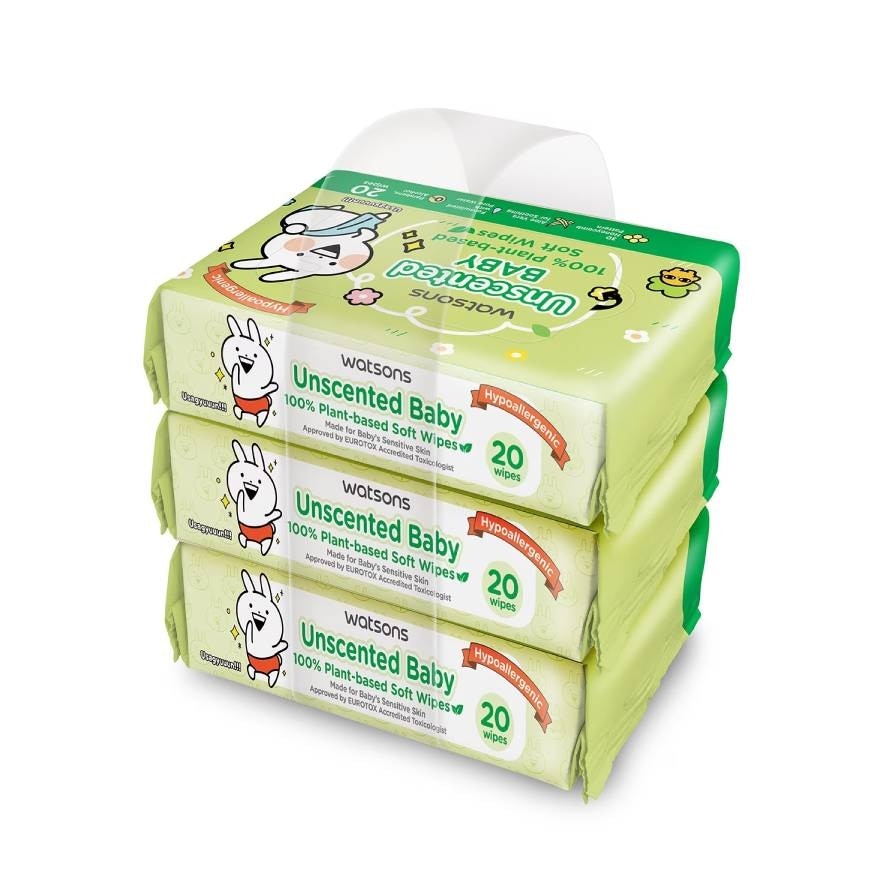 Watsons x Usagyuuun Unscented Baby 100 Plant-based Soft Wipes 20 sheets x 3 Packs.