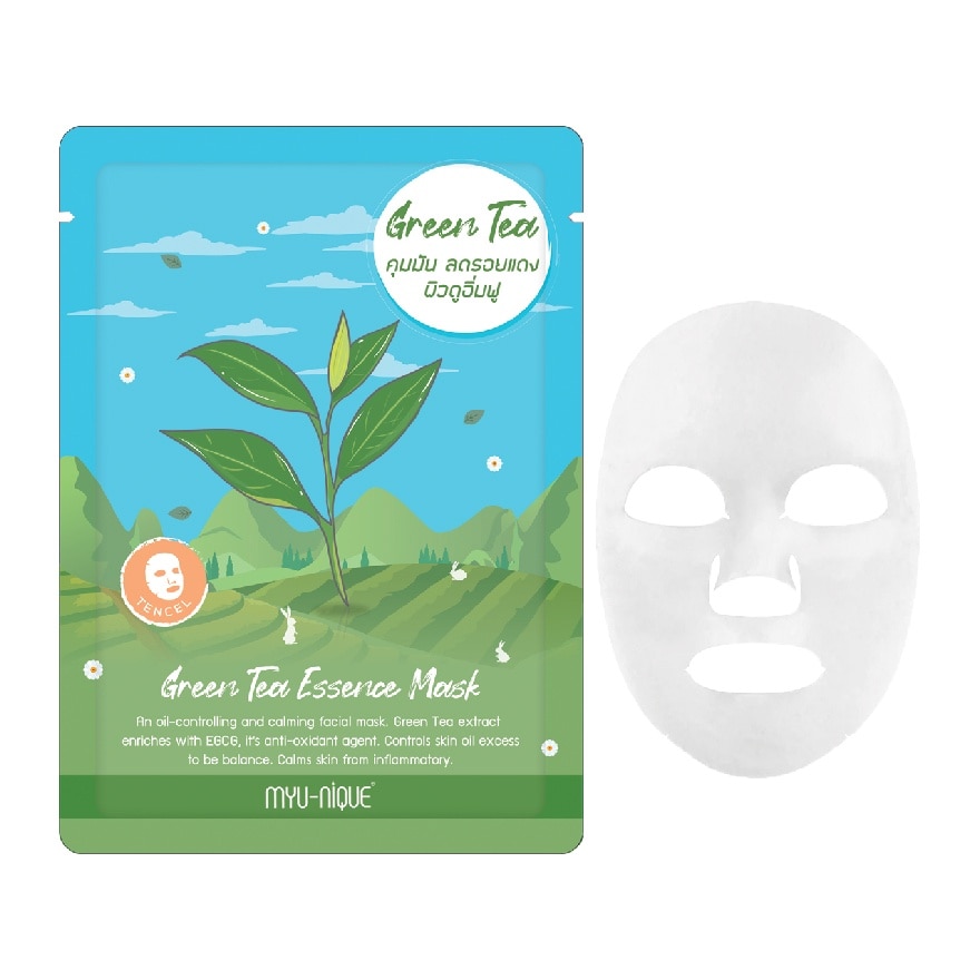 Myu-Nique Green Tea Essence Mask 1'S มาสก์หน้า คุมมัน ลดรอยแดง ผิวดูอิ่มฟู